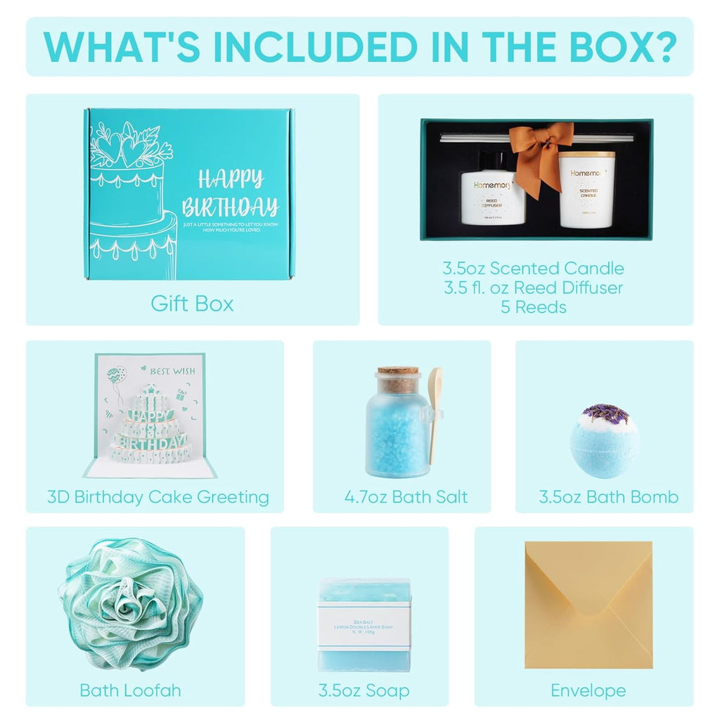Gift Women Birthday Bath Sets Body Self Care, Best Spa Basket Christmas Scented Candle & Reed Diffuser Kit Mom Friends Sister with 3D Card (Blue)