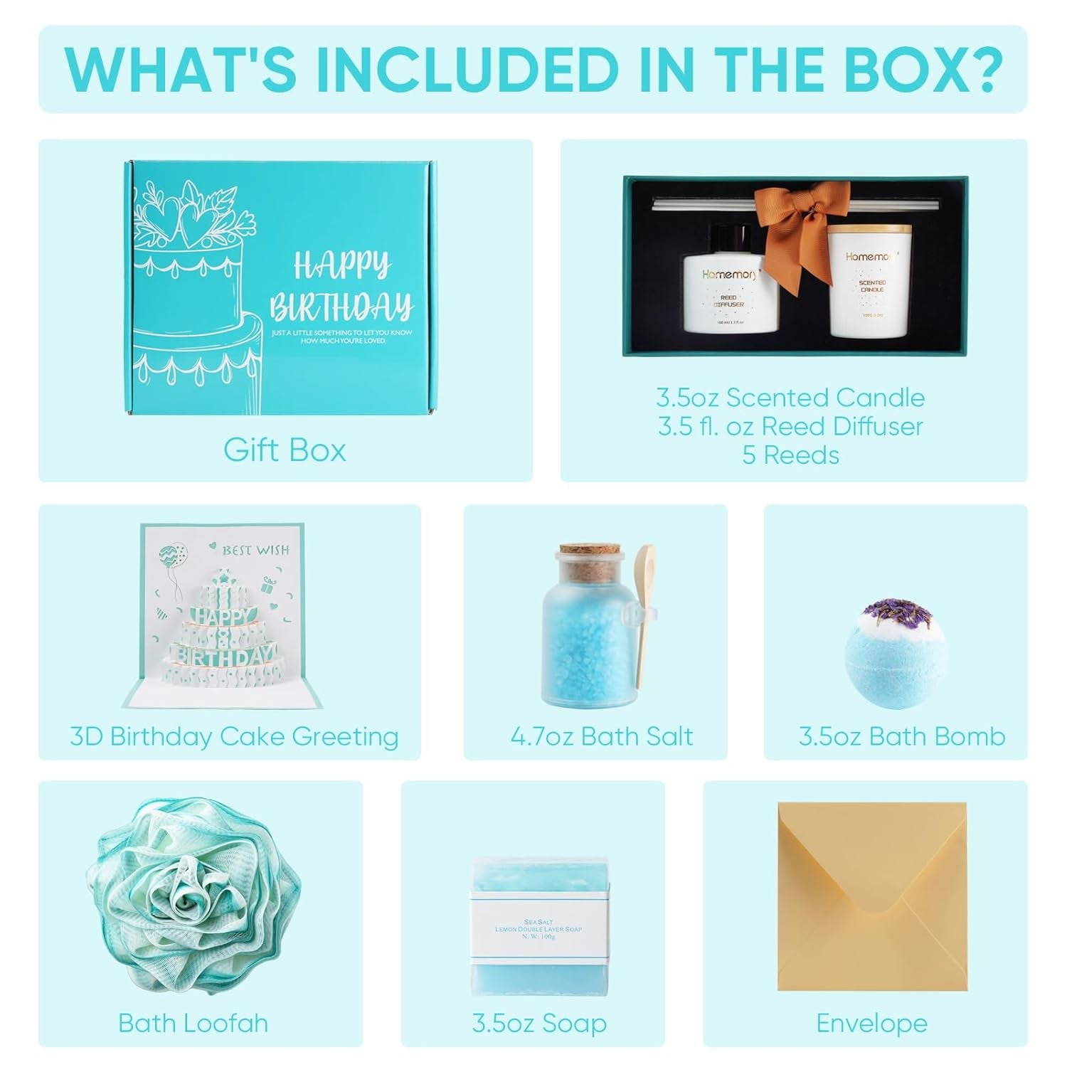 Gift Women Birthday Bath Sets Body Self Care, Best Spa Basket Christmas Scented Candle & Reed Diffuser Kit Mom Friends Sister with 3D Card (Blue)