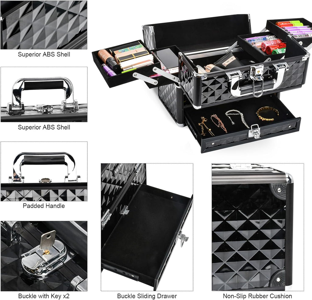 Large Makeup Train Cases with Bottom Drawer, Professional Makeup Case Organizer I Makeup Travel Case I Portable Make up Case I Makeup Case Organizer I Makeup Box Organizer I Black, HX-001