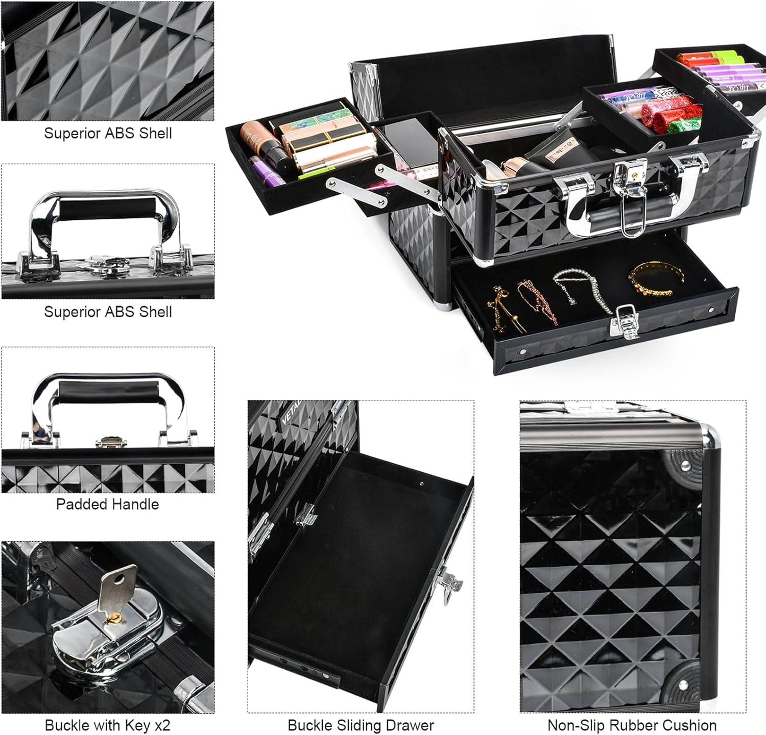 Large Makeup Train Cases with Bottom Drawer, Professional Makeup Case Organizer I Makeup Travel Case I Portable Make up Case I Makeup Case Organizer I Makeup Box Organizer I Black, HX-001