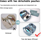 Travel Makeup Bags Cosmetic Organizer Bag: 3-Set Large Capacity Make up Bag - PU Leather Toiletry Bags for Women - Wide Open Portable Pouch with Divider & Handle (01-Light Blue)