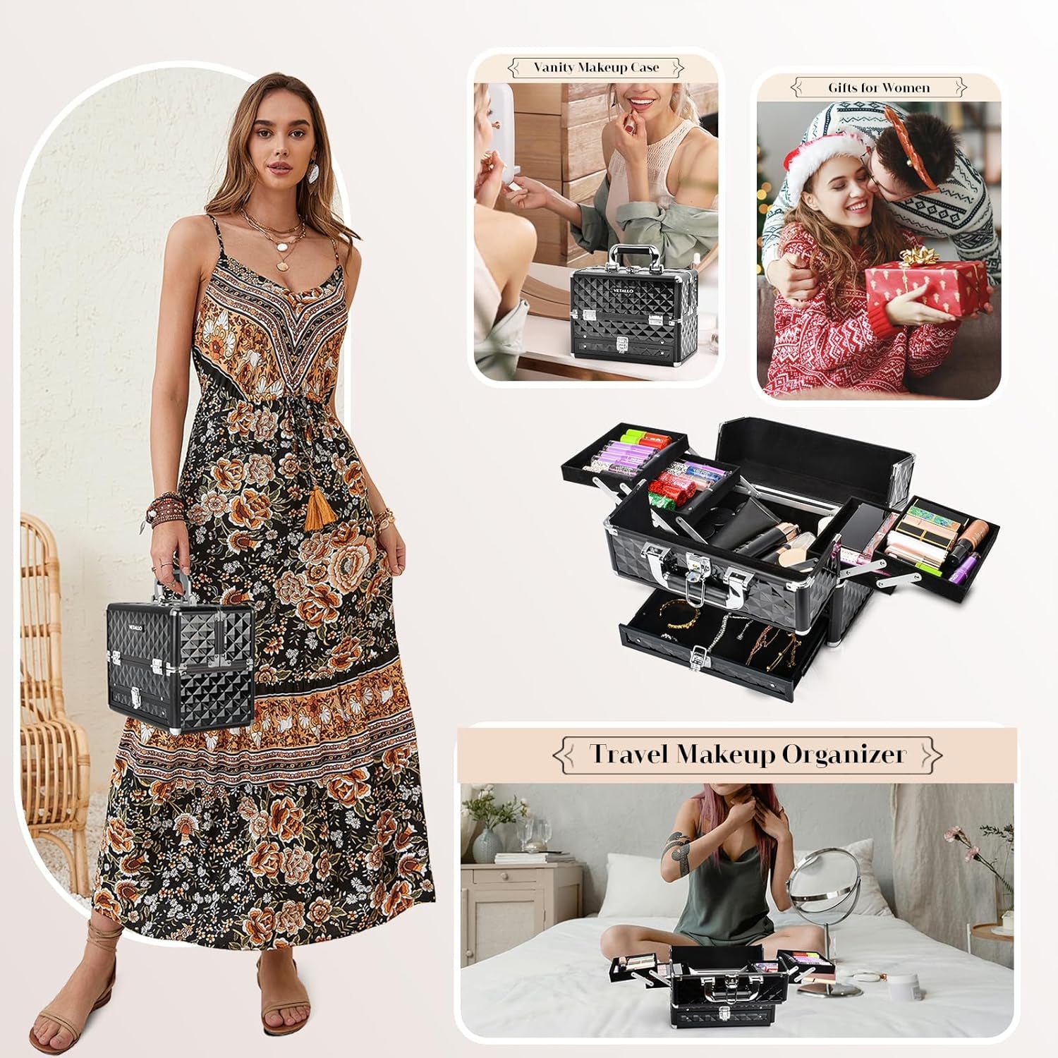 Large Makeup Train Cases with Bottom Drawer, Professional Makeup Case Organizer I Makeup Travel Case I Portable Make up Case I Makeup Case Organizer I Makeup Box Organizer I Black, HX-001