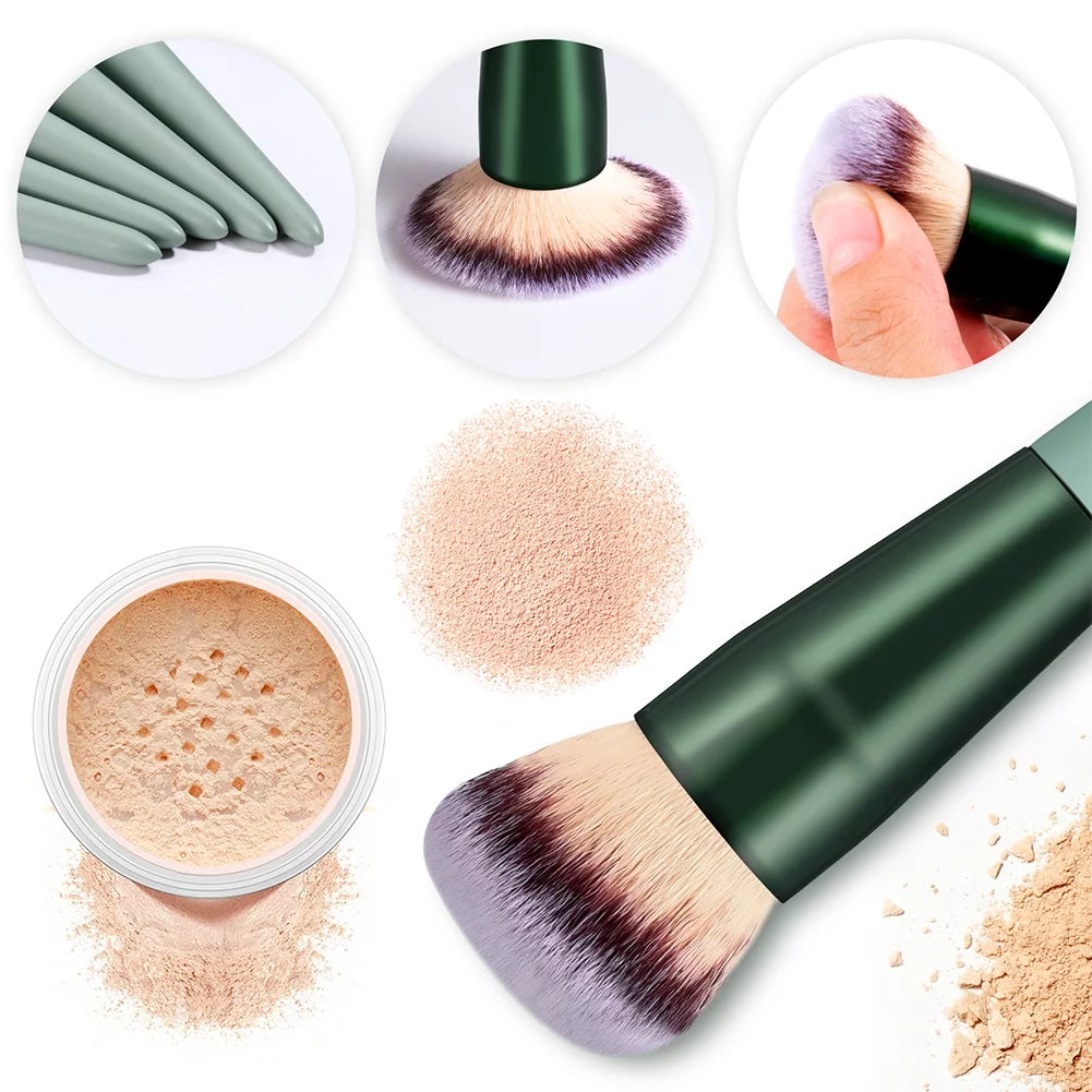 15-Piece Makeup Brush Set - Premium Synthetic Kabuki & Eye Brushes | Foundation, Blush & Lip Makeup Tools | Professional Green Conical Handle Set with Flannel Drawstring Bag