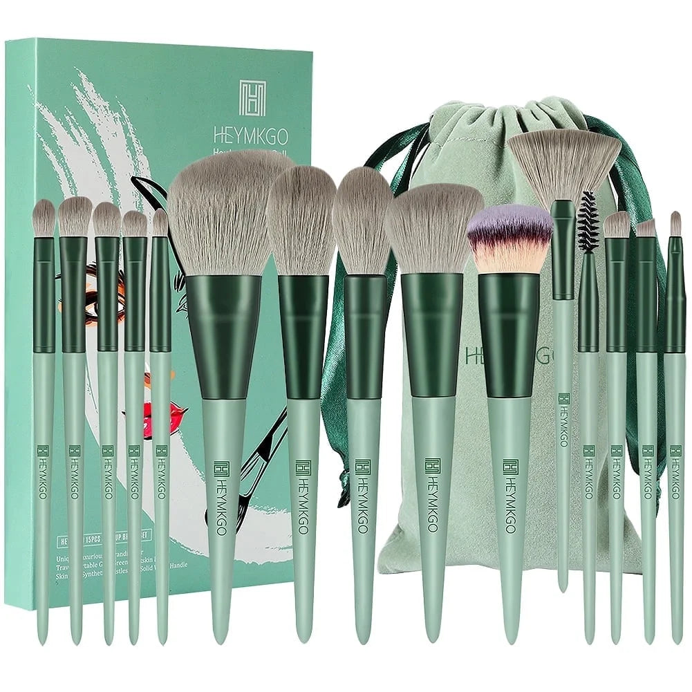 15-Piece Makeup Brush Set - Premium Synthetic Kabuki & Eye Brushes | Foundation, Blush & Lip Makeup Tools | Professional Green Conical Handle Set with Flannel Drawstring Bag