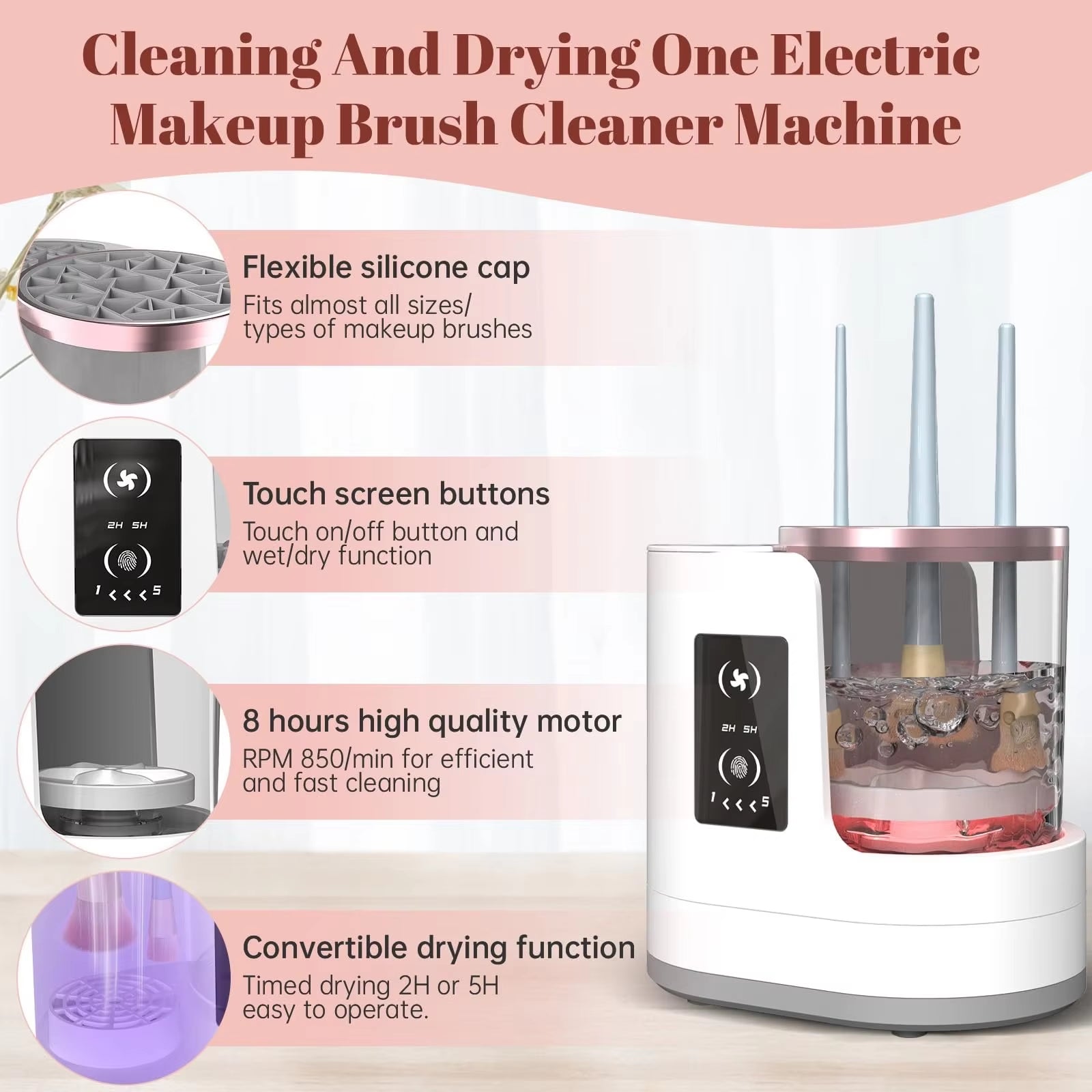 3 in 1 Electric Makeup Brush Cleaner Machine with Makeup Brush Dryer-Holder-Portable Automatic USB Cosmetic Brushes Cleaner Tool