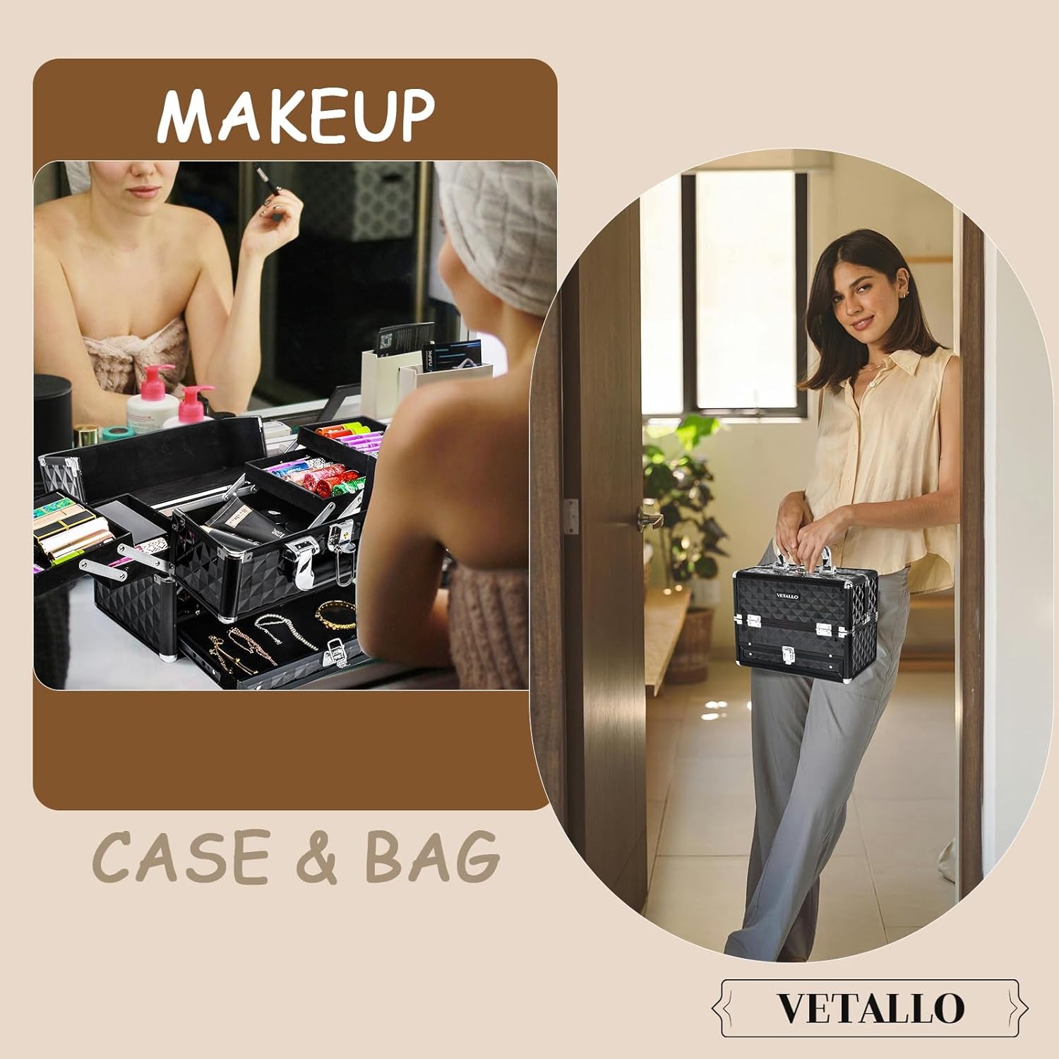 Large Makeup Train Cases with Bottom Drawer, Professional Makeup Case Organizer I Makeup Travel Case I Portable Make up Case I Makeup Case Organizer I Makeup Box Organizer I Black, HX-001