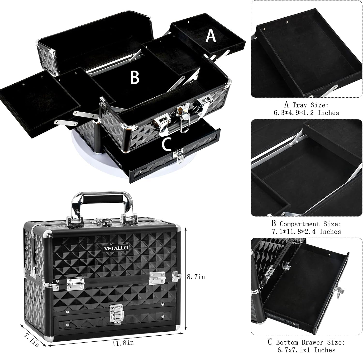 Large Makeup Train Cases with Bottom Drawer, Professional Makeup Case Organizer I Makeup Travel Case I Portable Make up Case I Makeup Case Organizer I Makeup Box Organizer I Black, HX-001