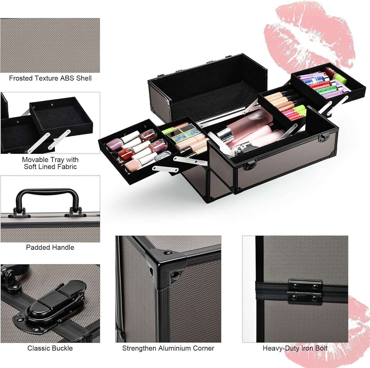 Travel Makeup Case Organizer, Large Makeup Organizer I Portable Makeup Case Organizer I Make up Box I Makeup Train Case I Birthday Gifts for Her Women Bestie I Beige