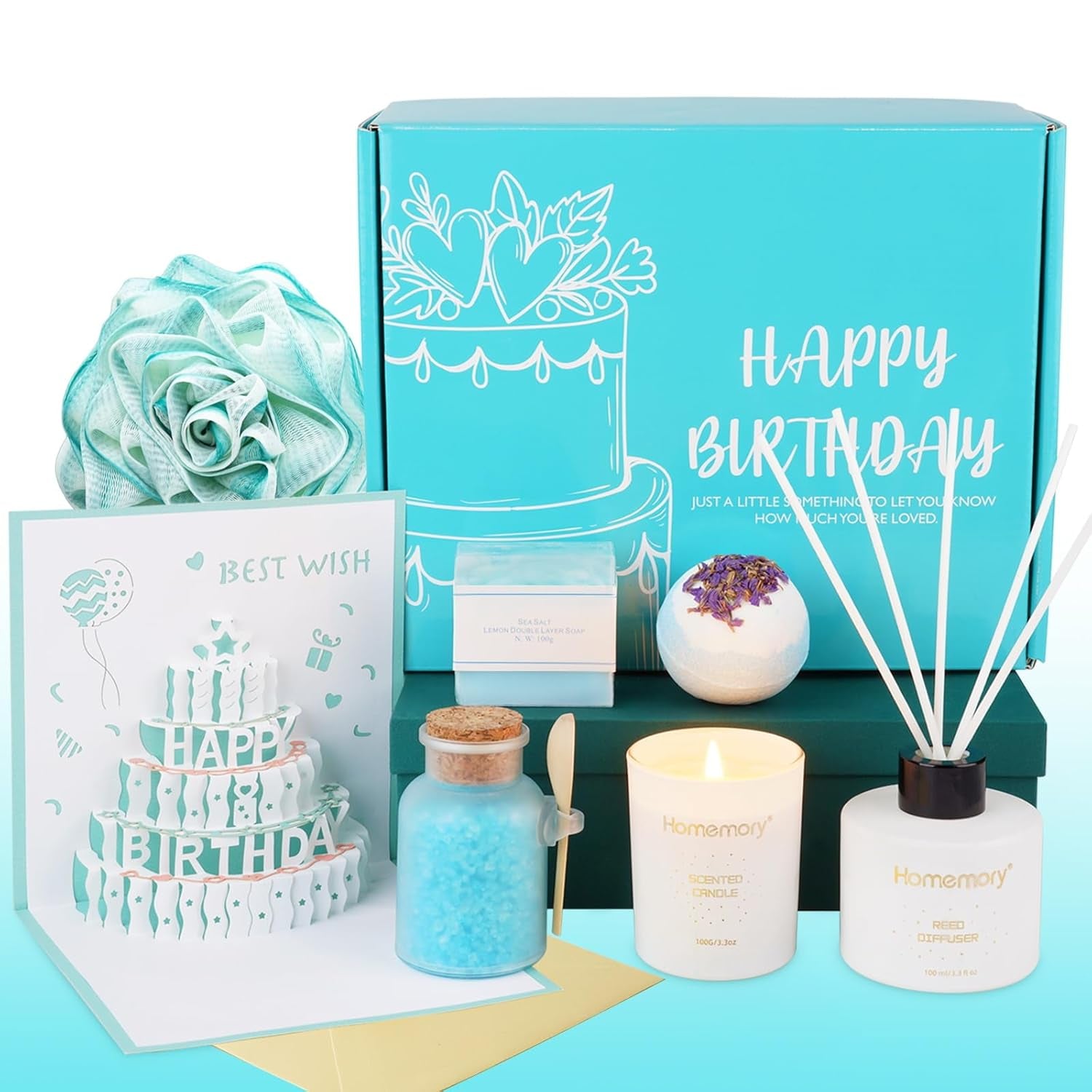 Gift Women Birthday Bath Sets Body Self Care, Best Spa Basket Christmas Scented Candle & Reed Diffuser Kit Mom Friends Sister with 3D Card (Blue)