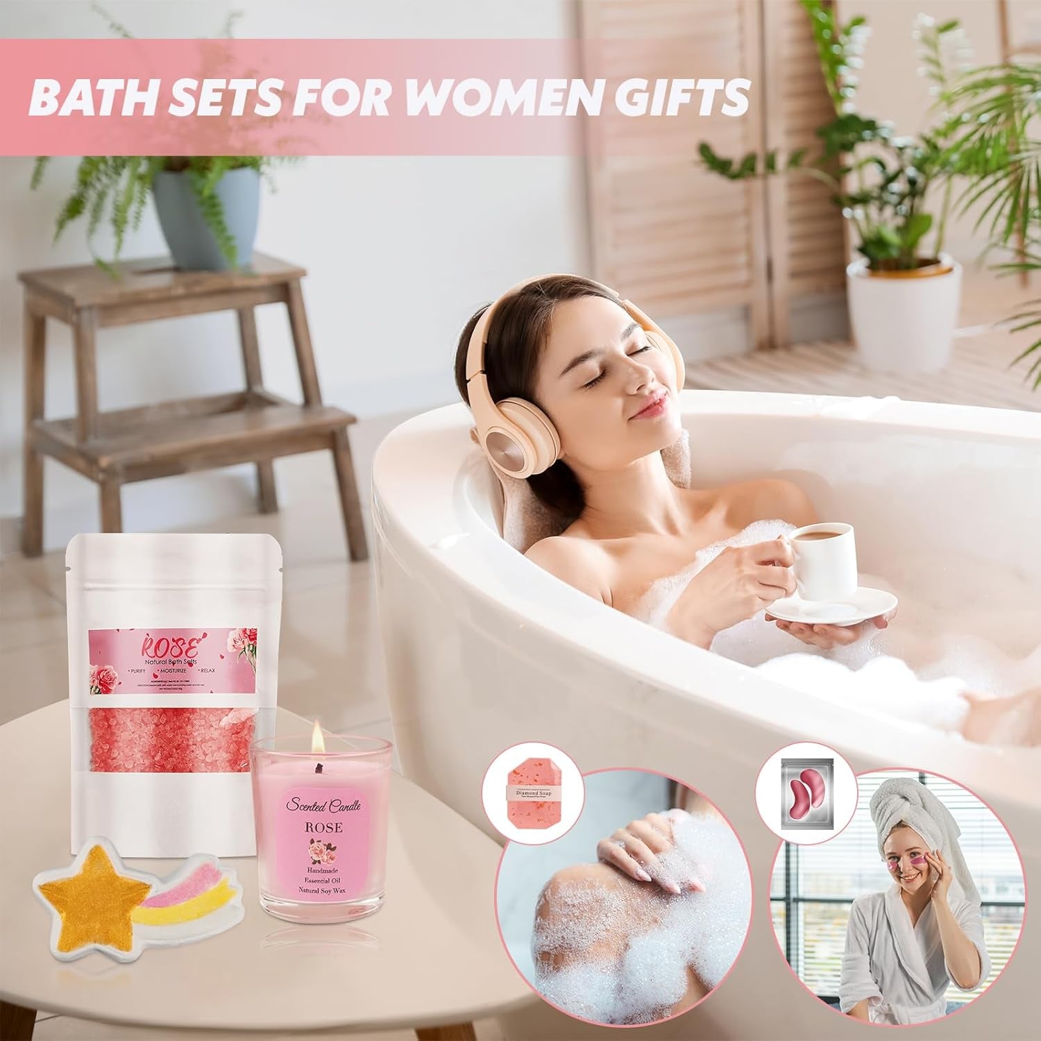 Birthday Gifts Basket for Women, Relaxtion Spa Set, Self Care Boxes for Her, Mother, Friend, Sister, Ideal Gifts for Valentine'S and Mother'S Day (Pink)