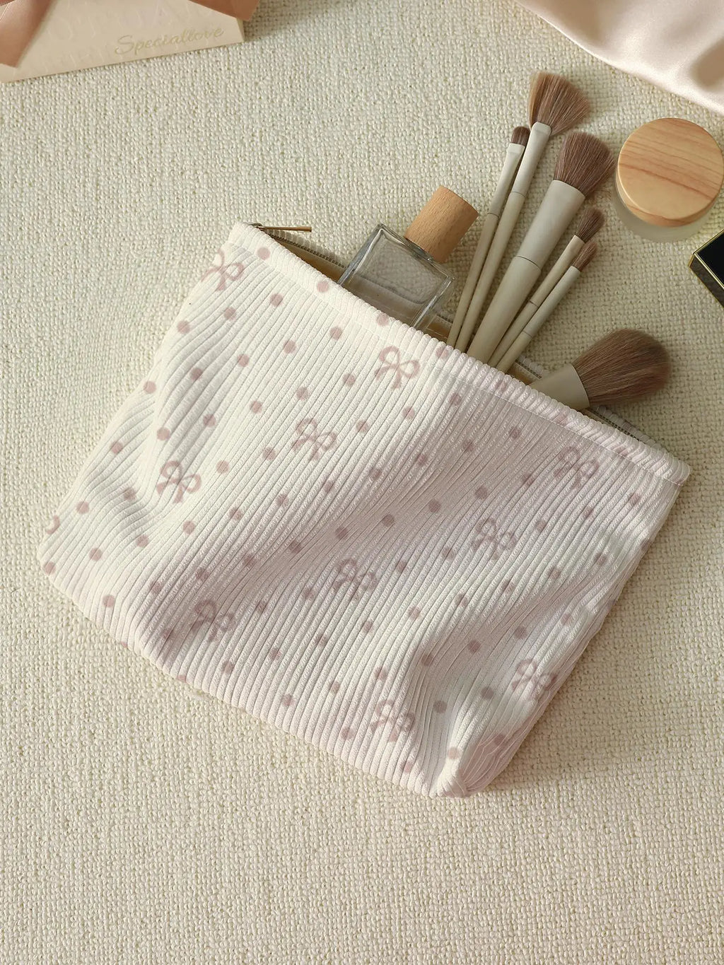 1Pc，Pink Bow Patterned Corduroy Zipper Makeup Bag, Lightweight and Multifunctional Makeup Storage Bag