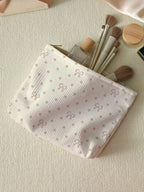 1Pc，Pink Bow Patterned Corduroy Zipper Makeup Bag, Lightweight and Multifunctional Makeup Storage Bag