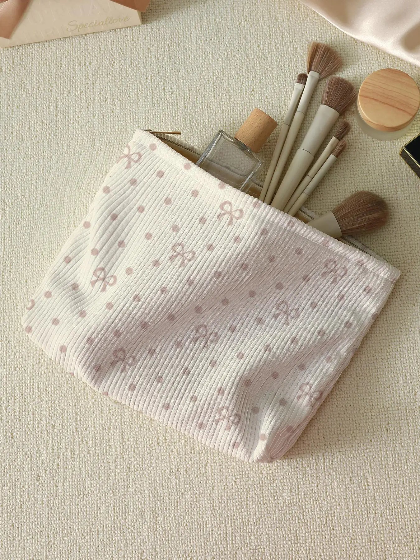 1Pc，Pink Bow Patterned Corduroy Zipper Makeup Bag, Lightweight and Multifunctional Makeup Storage Bag