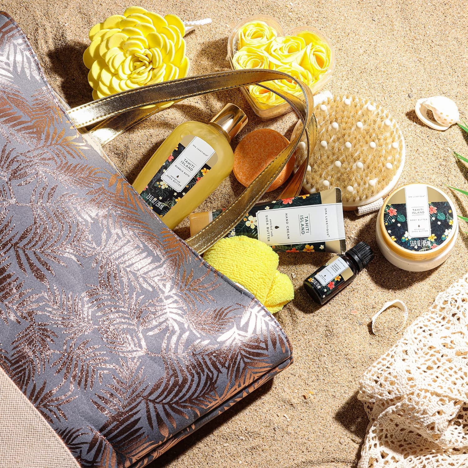 Bath Gift Sets for Women - 15 Pcs Tahiti Island Spa Baskets, Beauty Bath and Body Birthday Christmas Gifts for Her