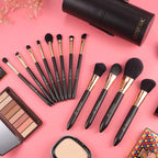 Makeup Brush Set Professional, 12 Pearlescent Wood Handle Makeup Brushes, Premium Cruelty-Free Synthetic Fiber Hair, Travel Make up Brushes Set with Case (Black).