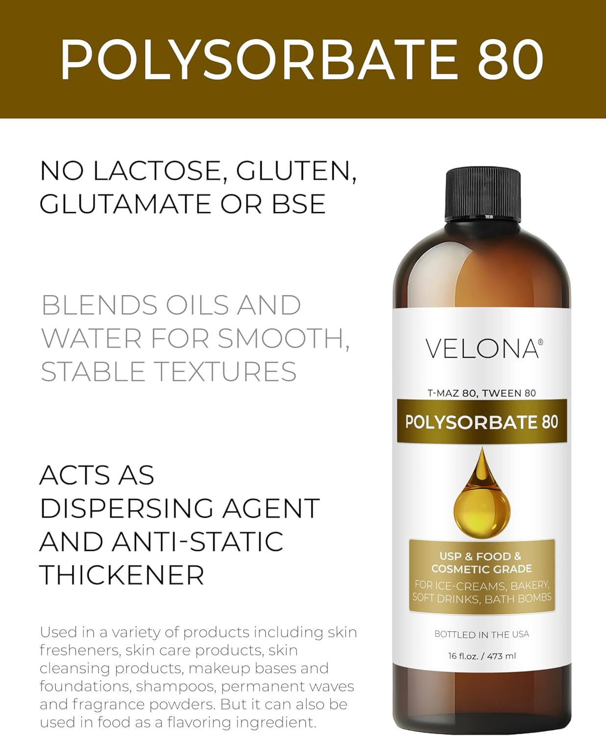 Polysorbate 80 by  - 16 Fl Oz | Solubilizer, Food & Cosmetic Grade | All Natural for Cooking, Skin Care and Bath Bombs, Sprays, Foam Maker | Use Today - Enjoy Results