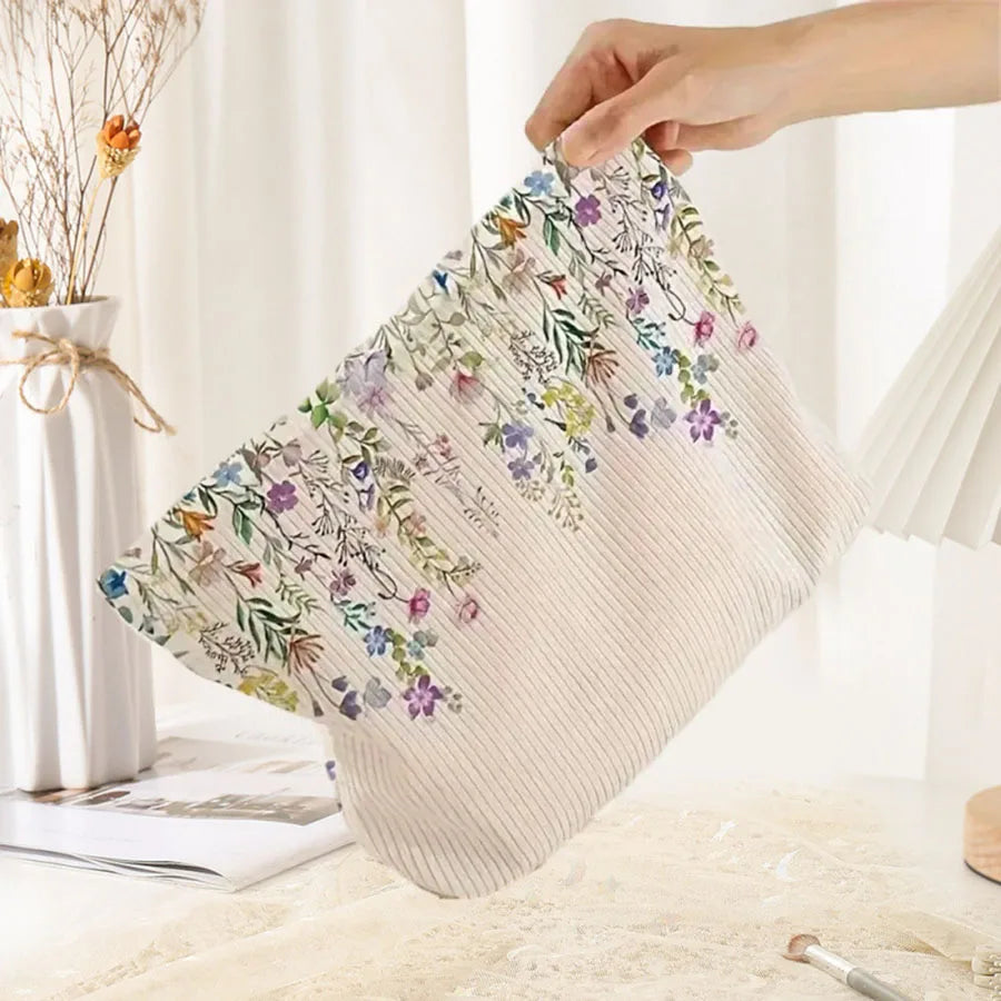 Floral Printed Corduroy Makeup Bag, Lightweight Zipper Makeup Storage Box, Multifunctional Bag with Lining