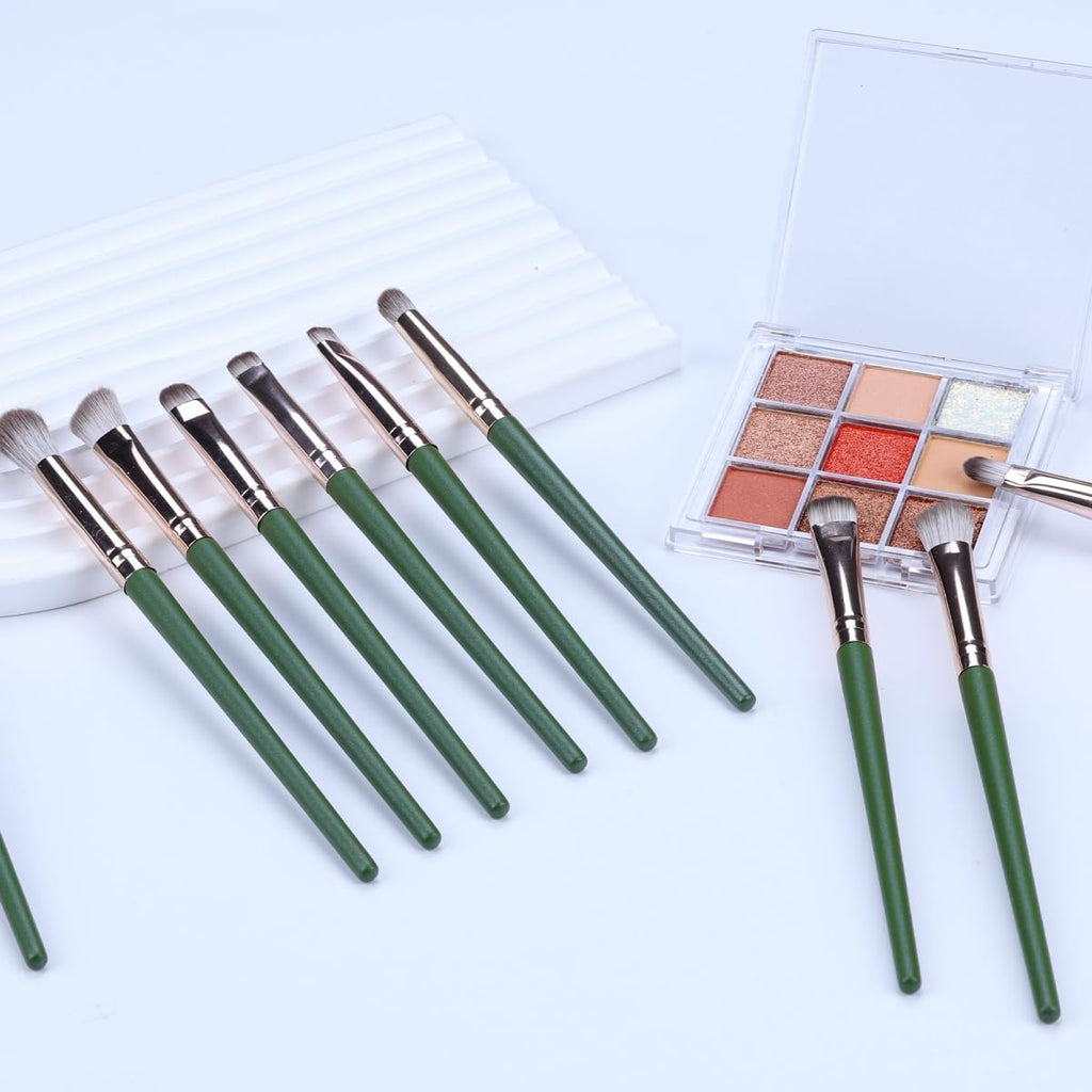 14PCS Green Professional Dense Makeup Brushes Tool Kit Air Brush Blending Powder Blush Concealer Eye Make up Brush Angled Stippling Liquid Highlighter Thin Brush with Travel Bag