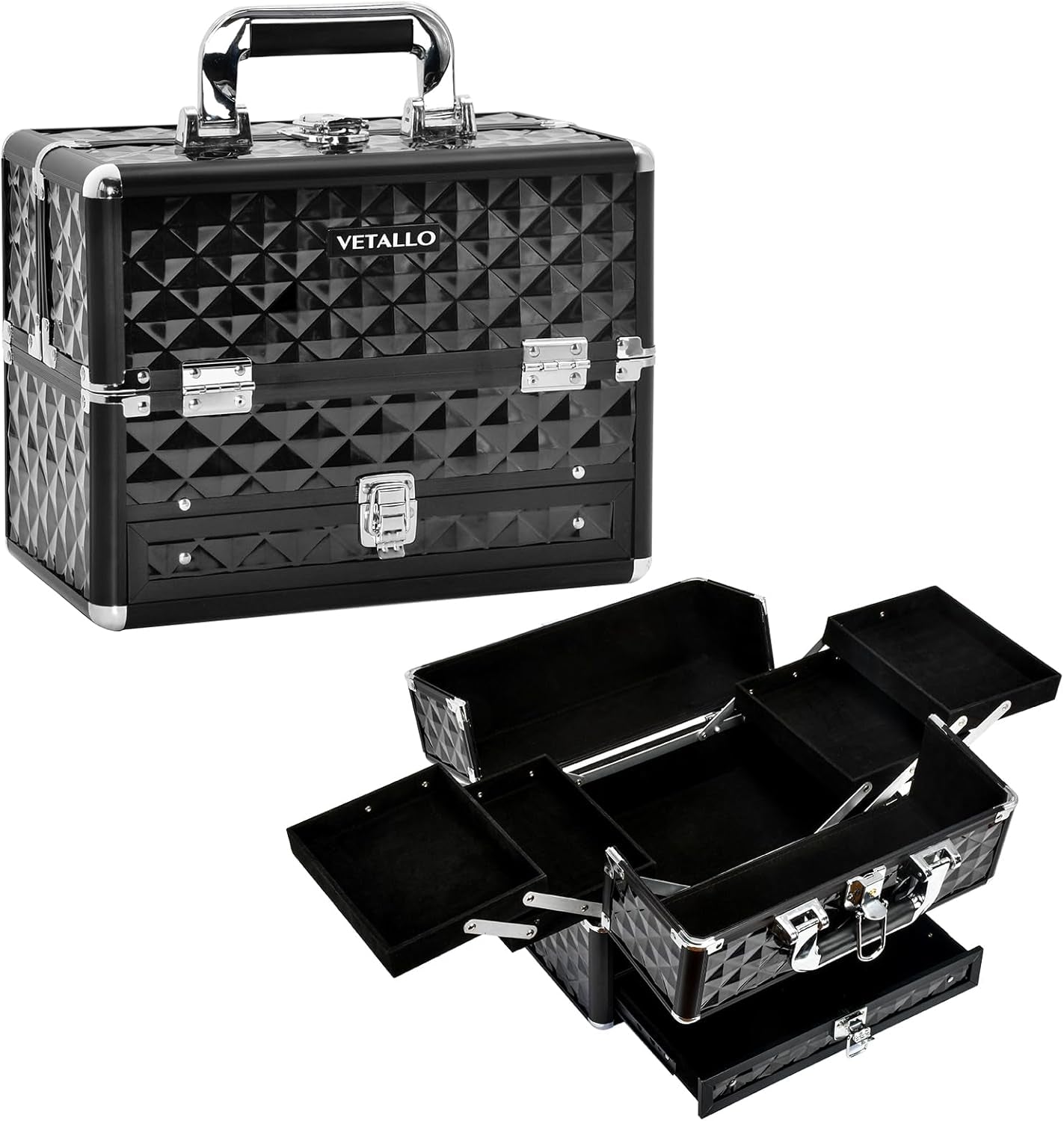 Large Makeup Train Cases with Bottom Drawer, Professional Makeup Case Organizer I Makeup Travel Case I Portable Make up Case I Makeup Case Organizer I Makeup Box Organizer I Black, HX-001