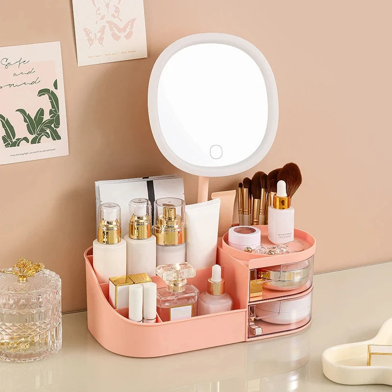 Makeup Storage Box with Mirror Desktop Dressing Table Makeup Mirror Cosmetics Jewelry Storage Box Touch Light Storage Organizer