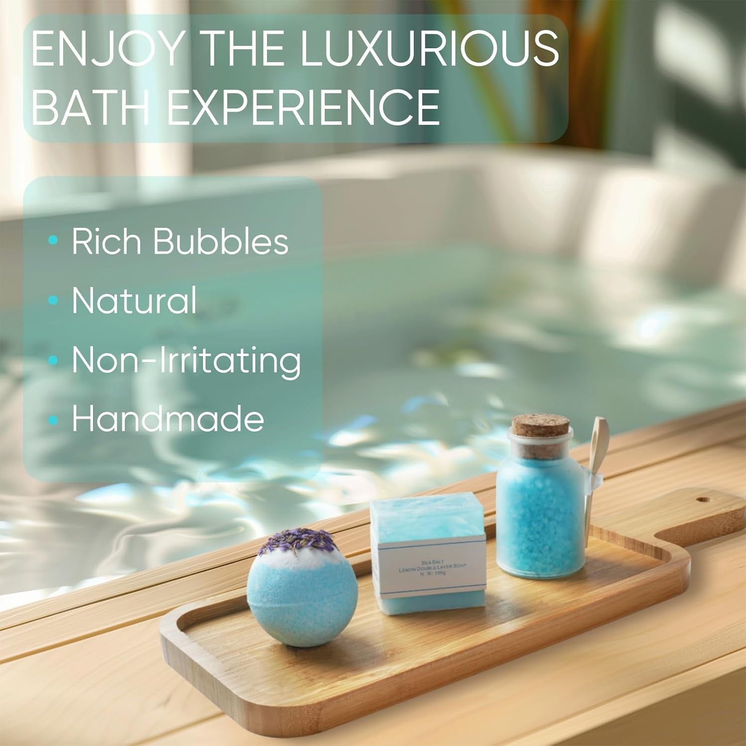 Gift Women Birthday Bath Sets Body Self Care, Best Spa Basket Christmas Scented Candle & Reed Diffuser Kit Mom Friends Sister with 3D Card (Blue)