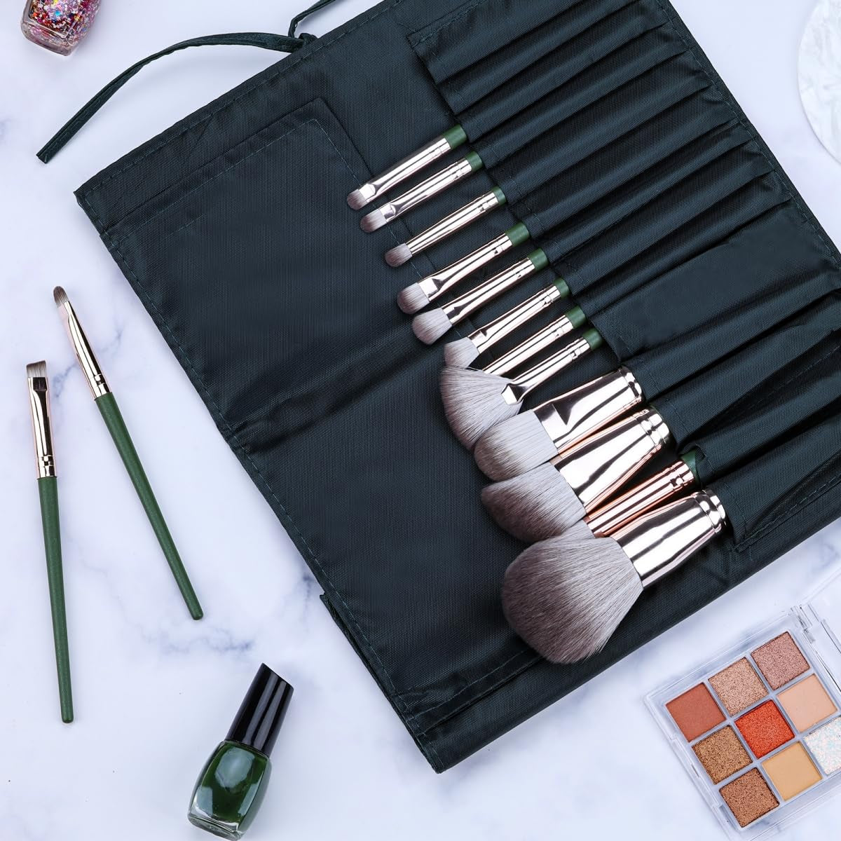 14PCS Green Professional Dense Makeup Brushes Tool Kit Air Brush Blending Powder Blush Concealer Eye Make up Brush Angled Stippling Liquid Highlighter Thin Brush with Travel Bag