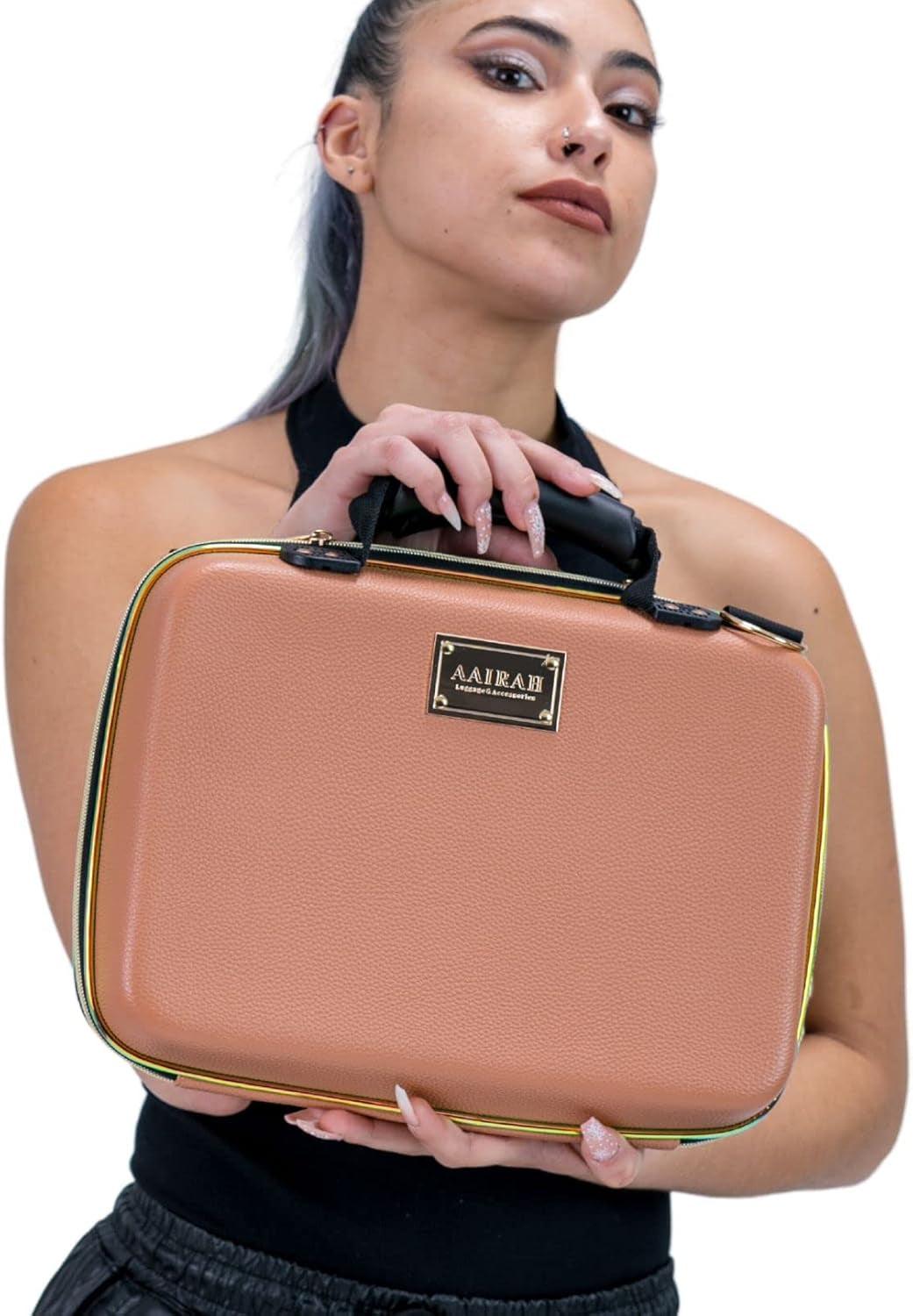 Makeup Organizer – Premium 8-Layer Makeup Bag for Lipsticks, Foundation, Brushes, Powder – Luxurious Travel Makeup Bag – Makeup Case – Water-Resistant Hard Shell (Nude, 15-Inch)