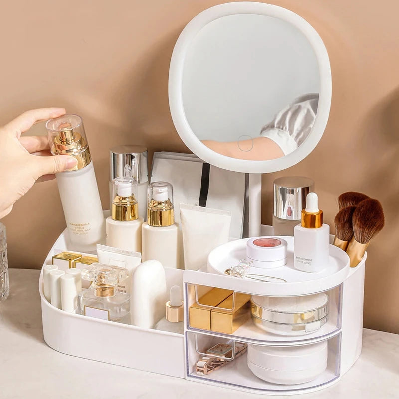 Makeup Storage Box with Mirror Desktop Dressing Table Makeup Mirror Cosmetics Jewelry Storage Box Touch Light Storage Organizer