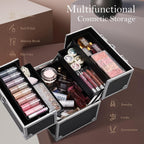 Makeup Train Case Cosmetic Organizer Case Professional Makeup Storage Box 4 Trays with Divider Lockable Travel Case Portable Travel Makeup Box for Makeup Artist, Carfter, Cosmetics Black